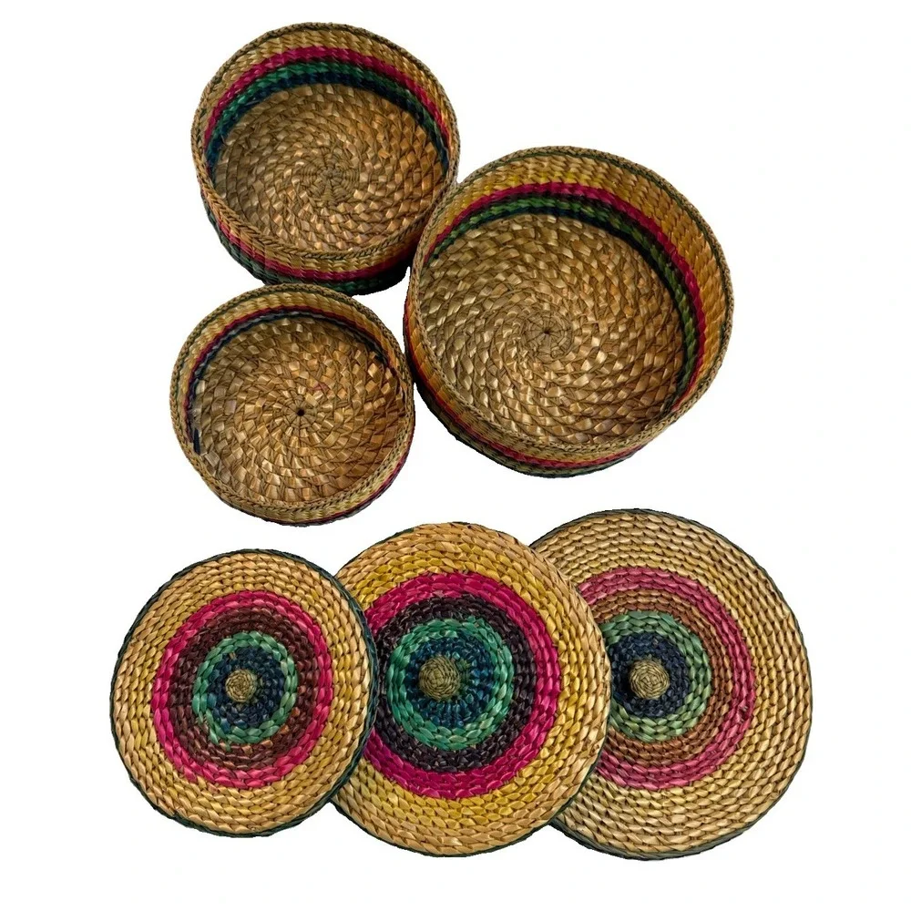 Vintage Woven Straw Nesting Baskets Set of 3 Lidded Boho Decor 1970s Striped